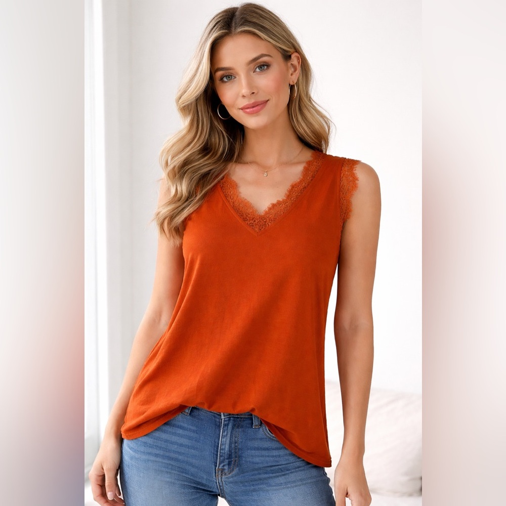 Women's Sleeveless Lace Trim Top - Orange